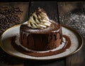 Small chocolate cake, topped with chocolate, with whipped cream, dark plate, dark background