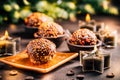 Small chocolate pastry cakes for Christmas with candles and ornaments Royalty Free Stock Photo