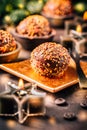 Small chocolate pastry cakes for Christmas with candles and ornaments Royalty Free Stock Photo