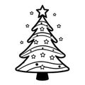 Small Christmas tree with baubles and star. Black and white card - coloring book. Xmas tree as a symbol of Christmas of the birth Royalty Free Stock Photo