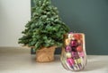 Small Christmas tree near the wall, in a vase Christmas toys for decorating the tree