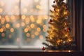 a small christmas tree sits in front of a window Royalty Free Stock Photo