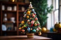 a small christmas tree sits on a table in front of a window Royalty Free Stock Photo