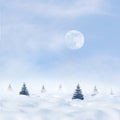 Small Christmas trees against the background of snowdrifts and a blue sky with a moon. Square image. Royalty Free Stock Photo