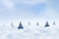 Small Christmas trees against the background of snowdrifts and a blue sky with a moon. Winter minimalist landscape. Royalty Free Stock Photo