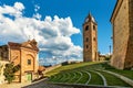 Small church, belfry and open air amphitheater in small town of Monforte d\'Alba, Italy Royalty Free Stock Photo
