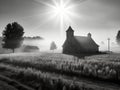 A small church in the countryside on a foggy morning with beautiful sunlight in front, black and white photo - generative ai