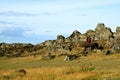 Small Church Decorated with Petroglyph Built on the Slope of Rocky Hill, Easter Island, Chile Royalty Free Stock Photo