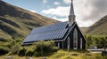 A small church featuring a steeple with a cross on top, also adorned with solar panels on its roof Royalty Free Stock Photo