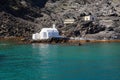 Small church at the hot springs on Palea Kameni Volcanic Island, Santorini. Royalty Free Stock Photo