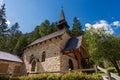 Small Church on the coast of Pragser Wildsee or Lago di Braies - Trentino Italy Royalty Free Stock Photo