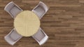 Small Circular Wooden Table with Empty Linen Chairs