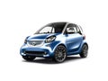 Small city blue mini car Smart Fortwo isolated on white background. front view Royalty Free Stock Photo