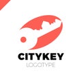 Small city Logo of the builder, house key isolated. Silhouette of the city`s architecture. Vector illustration.