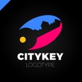 Small city Logo of the builder, house key isolated. Silhouette of the city`s architecture. Vector illustration.