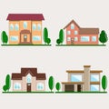 Small city. street. Houses, courtyards, trees. Suburb. Family home. Vector isolated objects.