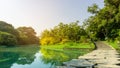 A small clean lake in public park, greenery trees, shrub and bush, green grass lawn in a good care maintenance landscapes Royalty Free Stock Photo