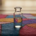 A small, clear glass vial is centered on a multicolored patchwork fabric. The fabric Royalty Free Stock Photo