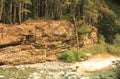 A small cliff face with horizontal fissures with a river running in front of it