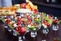 Small cocktail servings of cherry tomato salad, mozzarella balls, lettuce Lollo Rosso