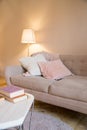 Small coffee table and candles next to designed sofa with pastel colored pillows.Still life details of nordic living