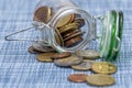 Small coins in euro cents are poured out of a glass jar on a textured blue background, close-up, selective focus. A concept for bu