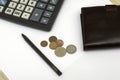 Small coins wallet calculator and fountain pen on sheets of white paper on the table concept business budget economy