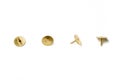 Small Collection Of 4 Brass Thumbtacks Arranged In A Line On White Background