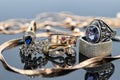 A small collection of gold and silver women`s jewelry Royalty Free Stock Photo