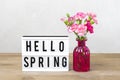 Small colored pink carnations in vase, lightbox with text Hello Spring, flamingo figure on wooden table and grey wall background Royalty Free Stock Photo
