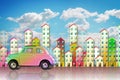 Small colored utilitarian car in a big city - concept image with copy space Royalty Free Stock Photo