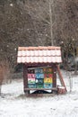 Small colorful beehive in snowfall.