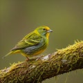 A small, colorful bird with a yellow head perched on a mossy branch. Royalty Free Stock Photo