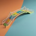 A small, colorful bridge model sits on a split background of orange and blue paper. Royalty Free Stock Photo
