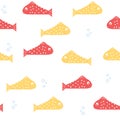 Small colorful fishes on white background. Abstract seamless pattern in flat style.