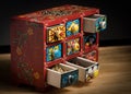 Small painted box with drawers for spices, open drawers Royalty Free Stock Photo