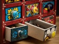 Small painted box with drawers for spices, open drawers Royalty Free Stock Photo