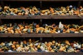 Small colorful squashes also called bitter apple or colocynth Citrullus colocynthis on wooden shelves