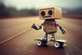 Small, comical robot expertly maneuvering on a skateboard representing the sheer joy and lightheartedness of a robot embracing the Royalty Free Stock Photo