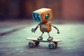 Small, comical robot expertly maneuvering on a skateboard representing the sheer joy and lightheartedness of a robot embracing the Royalty Free Stock Photo