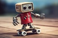 Small, comical robot expertly maneuvering on a skateboard representing the sheer joy and lightheartedness of a robot embracing the Royalty Free Stock Photo