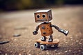 Small, comical robot expertly maneuvering on a skateboard representing the sheer joy and lightheartedness of a robot embracing the Royalty Free Stock Photo