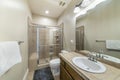 Small contemporary traditional bathroom with light brown tiles