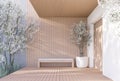 Small contemporary wooden porch 3D render illustration with white blossom flower plants