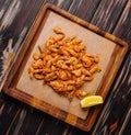Small cooked shrimp on wooden tray Royalty Free Stock Photo