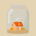 Small cosy house in glass jar in hygge style, autumn scenery with leaves. Cute decoration isolated