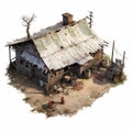 Aerial View Of Rustic Shack In Open World Setting