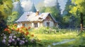 Small cottage house in the middle of a lush green field with flowers and trees in the background painted in an impressionist style Royalty Free Stock Photo
