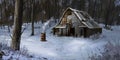 Small Cottage, House in the Winter Forest. Fiction Backdrop