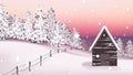 Small cottage located on scenic pine forest in twilight winter